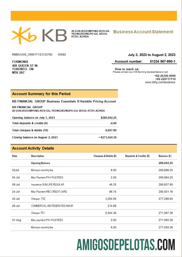 Imprimível KB Financial Group empresa bancária extrato de conta corrente modelo Word e PDF
